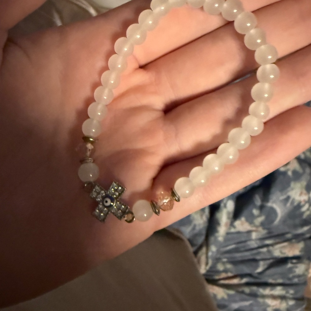 Elegant White Beaded Bracelet with Cross Charm